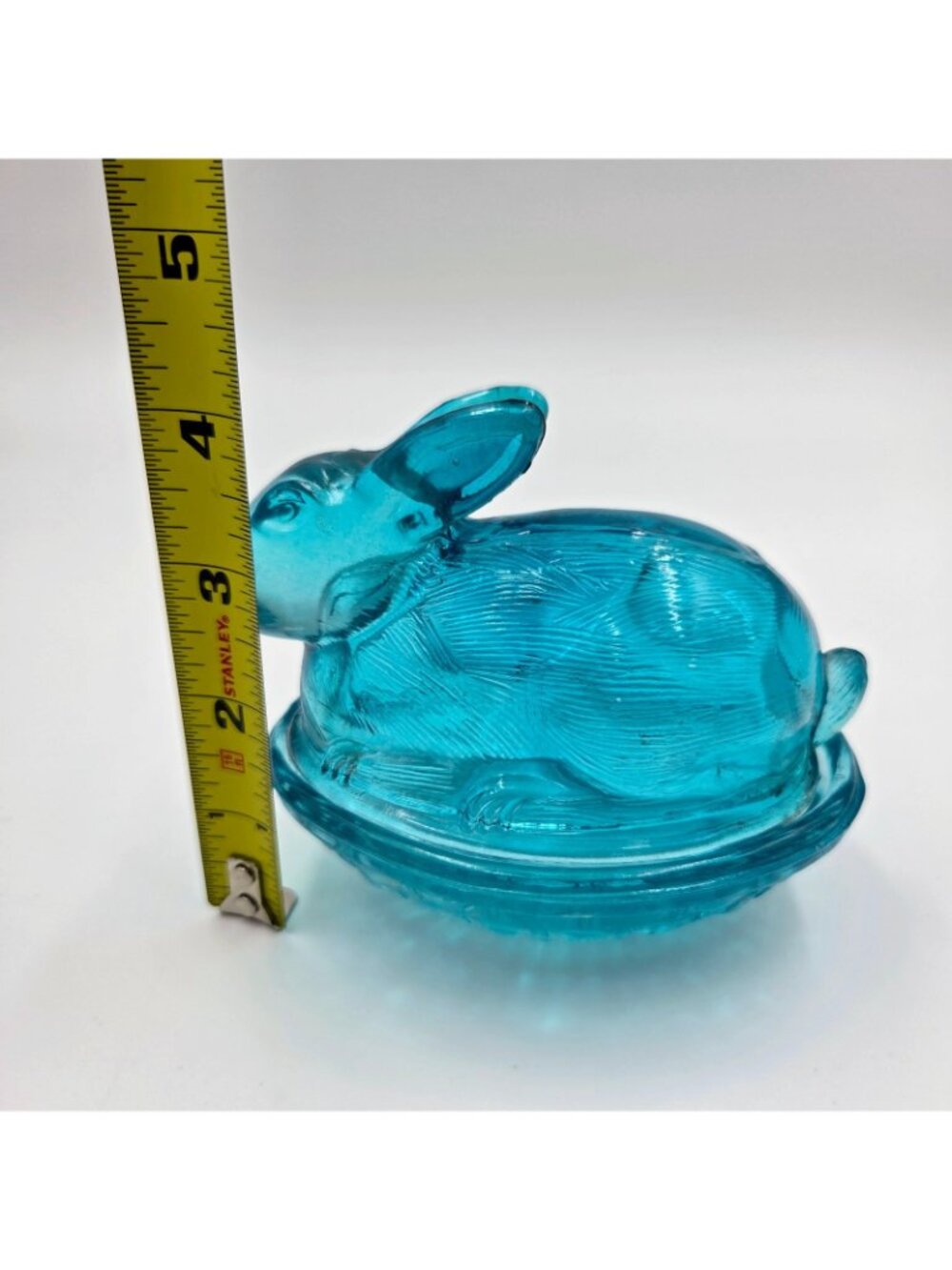 Vintage Blue Glass Bunny Rabbit Basket Weave Nest Covered Candy Dish Easter Read - Picture 3 of 15